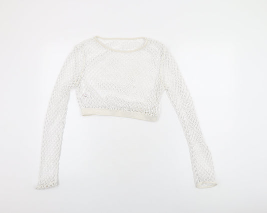 New Look Womens White Polyester Cropped T-Shirt Size 12 Round Neck