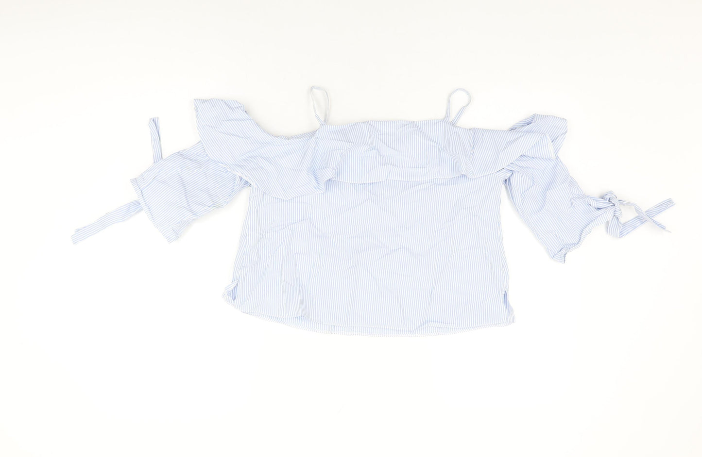 Topshop Womens Blue Striped Cotton Basic T-Shirt Size 8 Off the Shoulder
