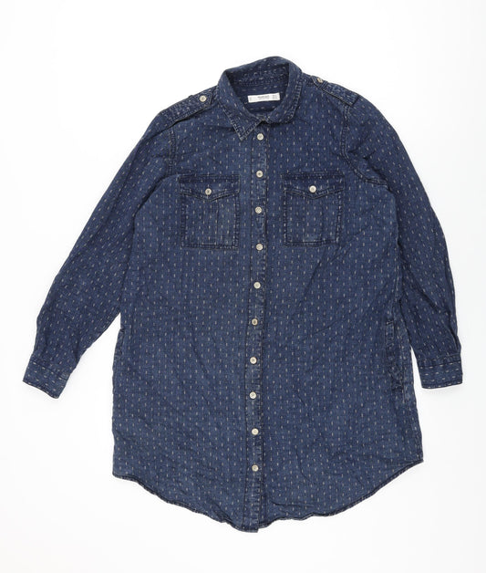 Mango Womens Blue Geometric Cotton Shift Size S Collared Snap