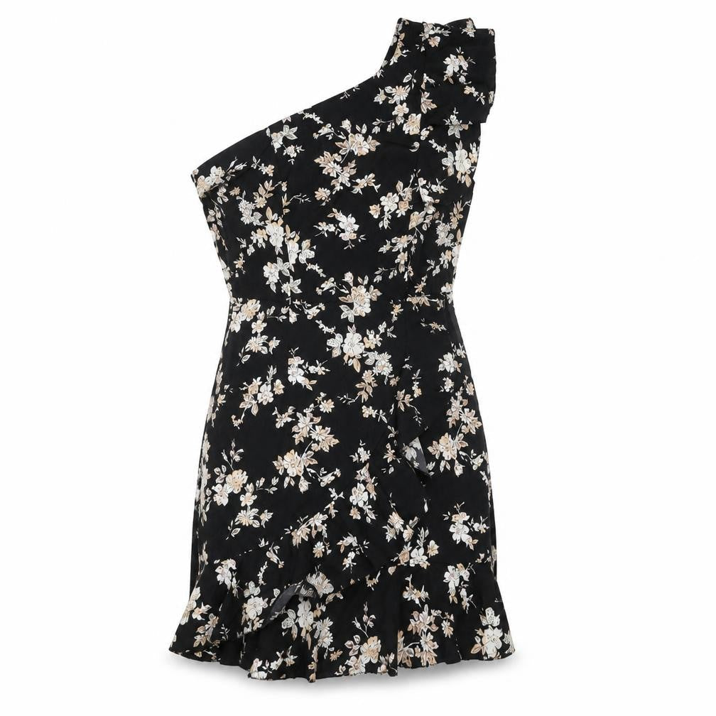 Boohoo Womens Black Floral Polyester Mini Size 6 One Shoulder Zip