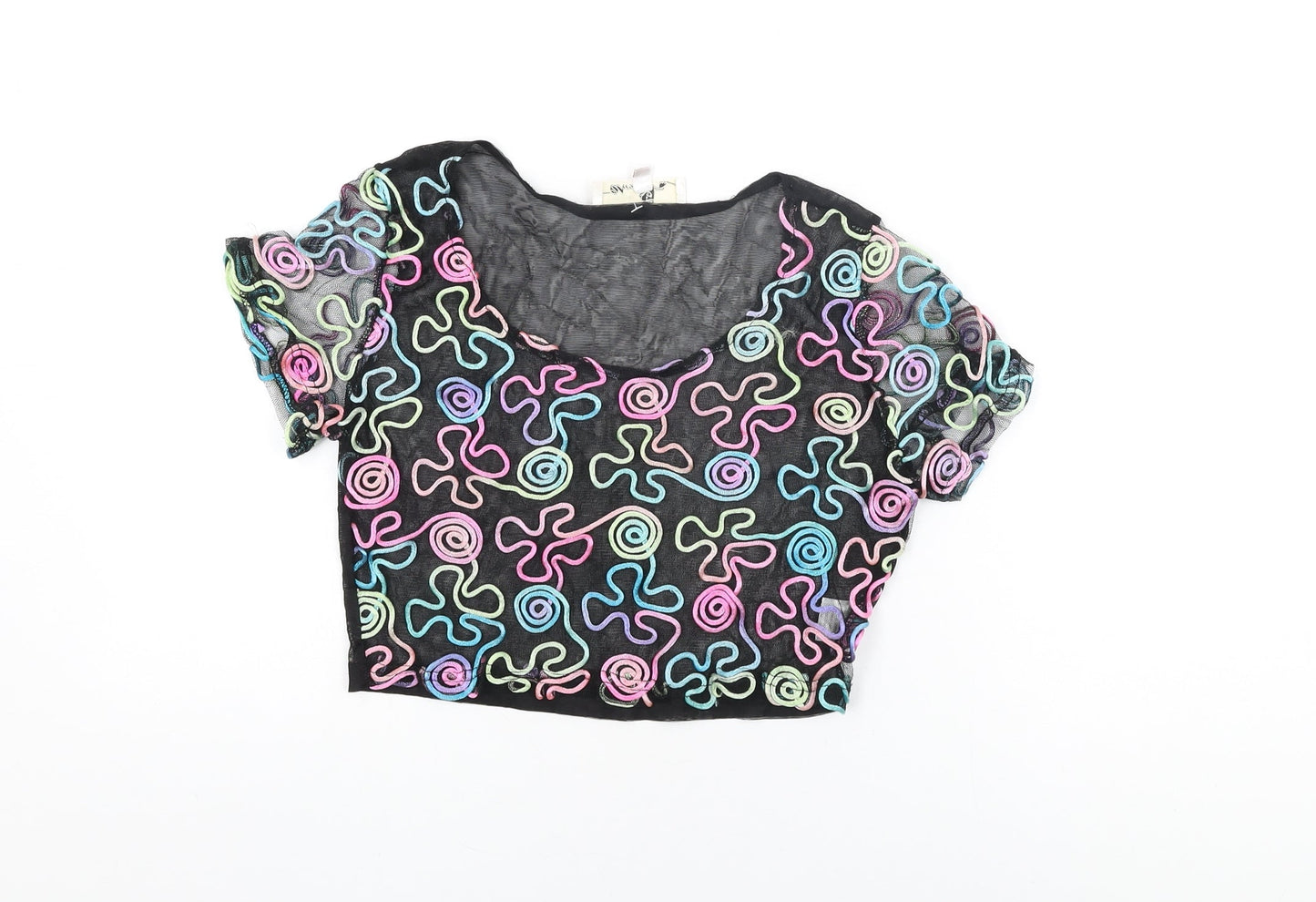 Urmoda Womens Black Geometric Polyester Cropped T-Shirt Size L Round Neck