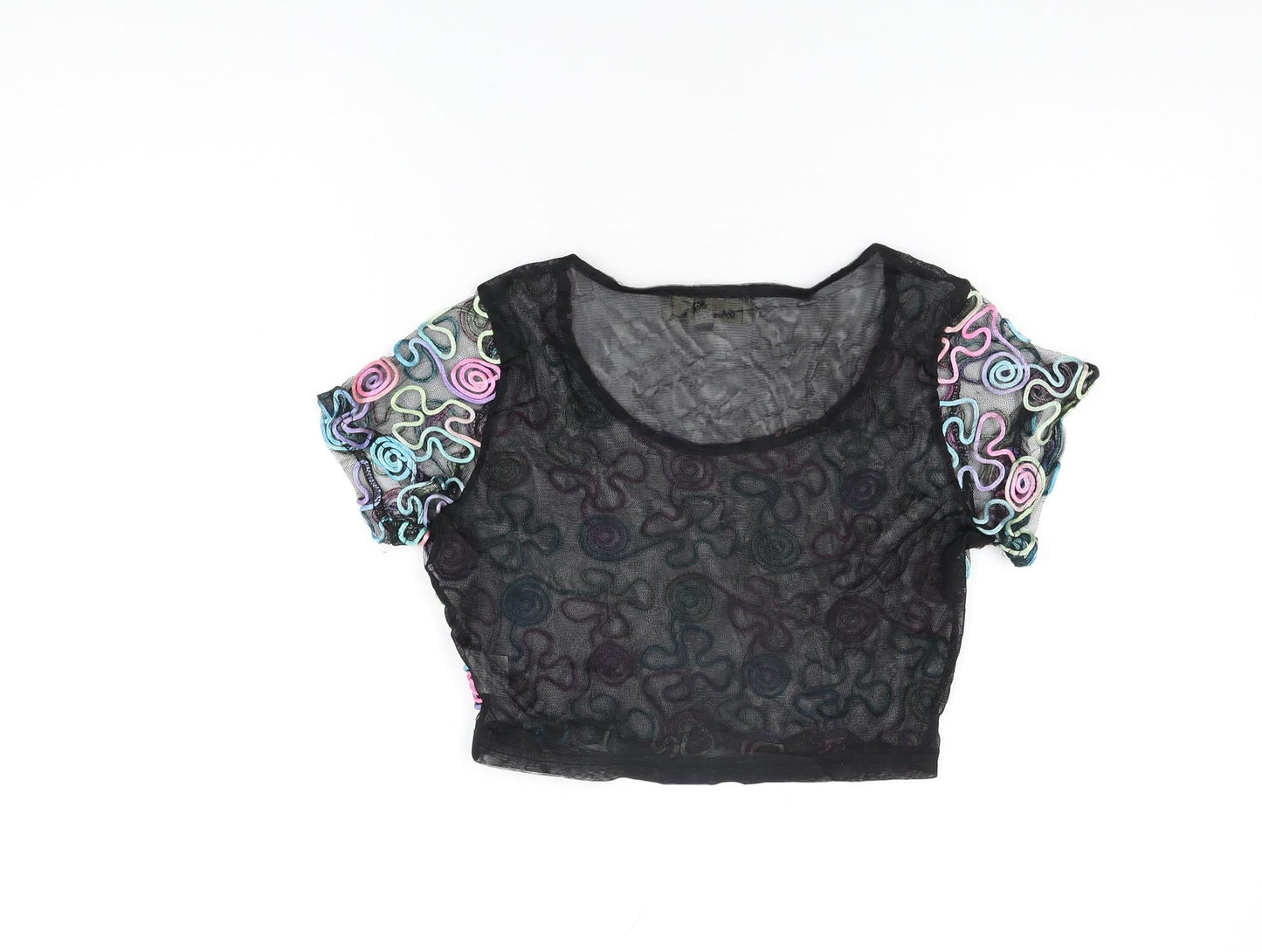 Urmoda Womens Black Geometric Polyester Cropped T-Shirt Size L Round Neck