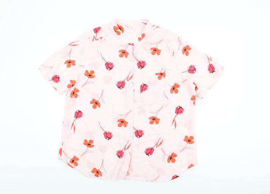 Marks and Spencer Womens Pink Floral Polyester Basic Button-Up Size 16 Round Neck