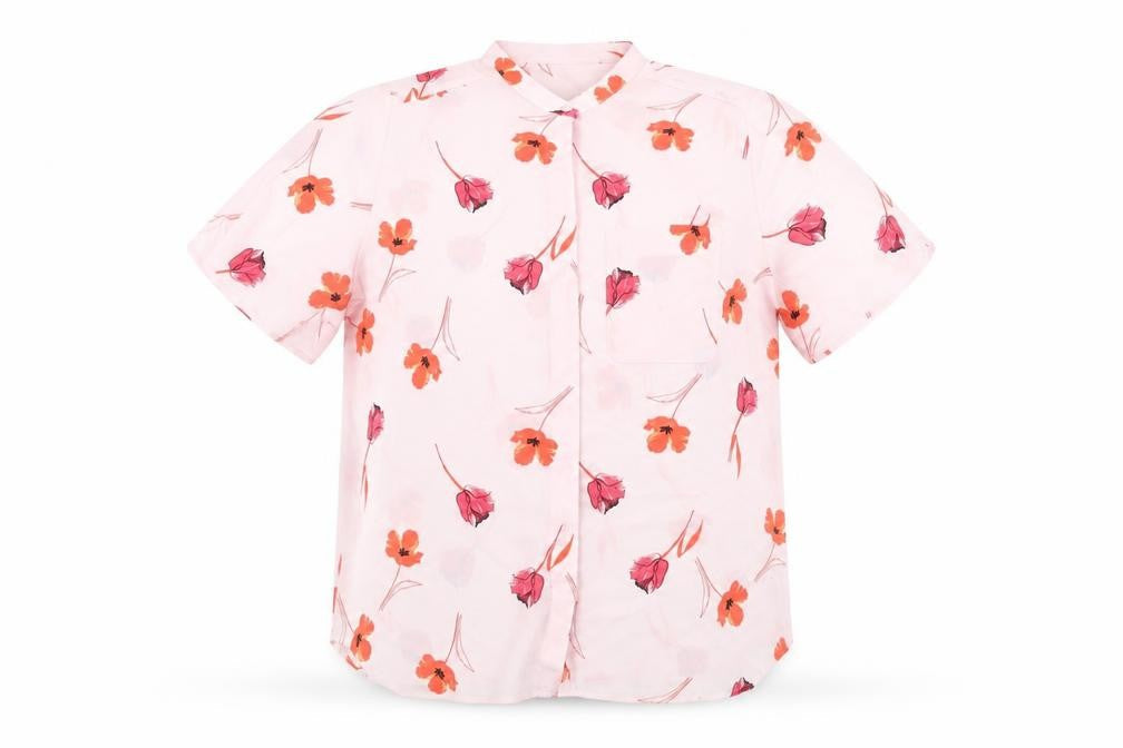 Marks & Spencer Womens Pink Floral Polyester Basic Button-Up Size 16 Round Neck