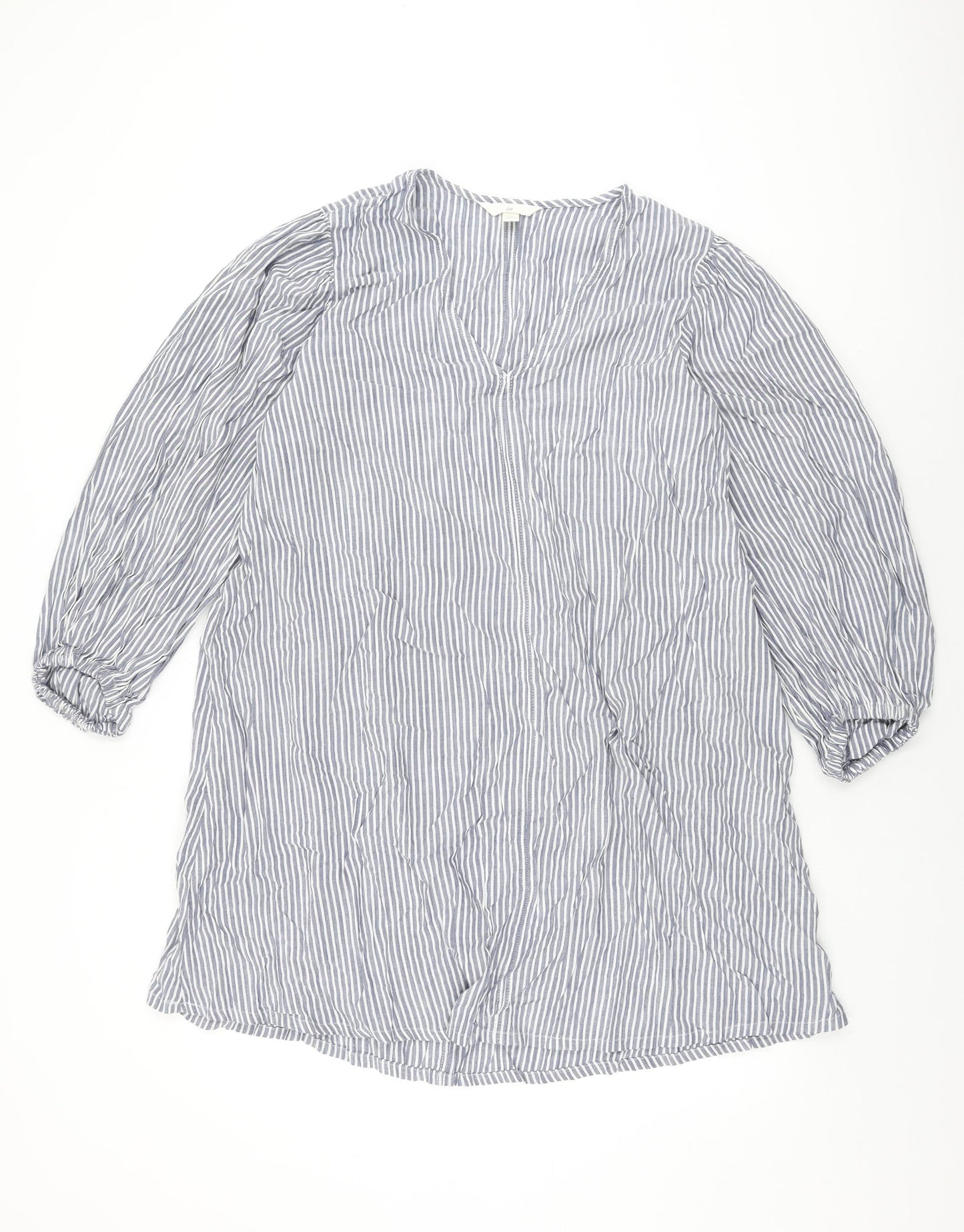 H&M Womens Blue Striped Cotton Shift Size S V-Neck Pullover
