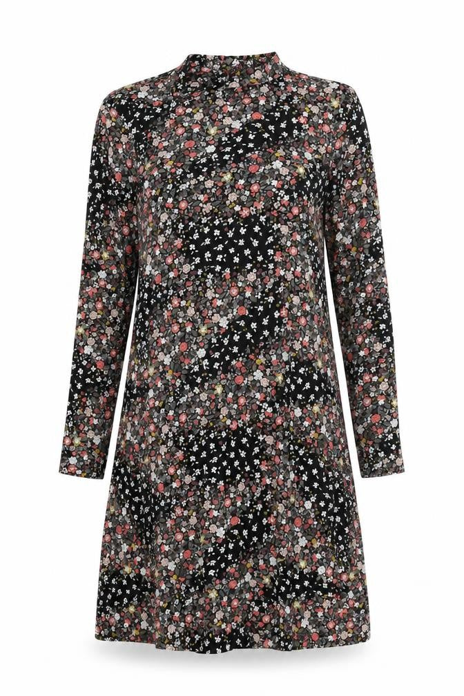 Marks & Spencer Womens Black Floral Viscose Shift Size 12 Round Neck Button