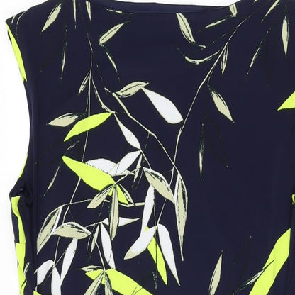 Close-up detail of Roman women’s blue geometric polyester a-line, size UK 16, boat neck pullover
