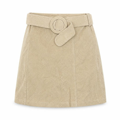 Front view of Denim & Co. women’s beige cotton mini skirt, size UK 6, zip