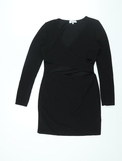 Additional front view of In the Style women’s black polyester bodycon, size UK 12, v-neck pullover - cut out