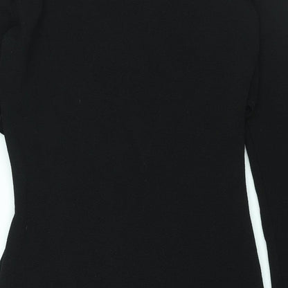 Brand and care label for In the Style women’s black polyester bodycon, size UK 12, v-neck pullover - cut out