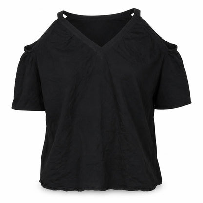 Front view of ASOS women’s black polyester mini, size UK 8, v-neck pullover - cold shoulder
