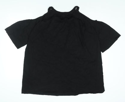 Back view of ASOS women’s black polyester mini, size UK 8, v-neck pullover - cold shoulder