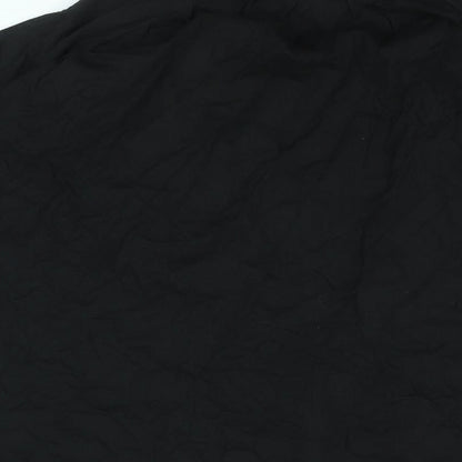 Brand and care label for ASOS women’s black polyester mini, size UK 8, v-neck pullover - cold shoulder