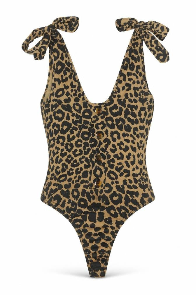 PRETTYLITTLETHING Womens Brown Polyester Bodysuit One-Piece Size 10 Pullover - Leopard Print Tie Button Detail