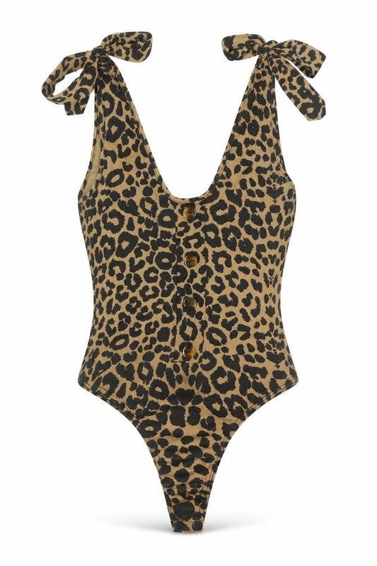 PRETTYLITTLETHING Womens Brown Polyester Bodysuit One-Piece Size 10 Pullover - Leopard Print Tie Button Detail