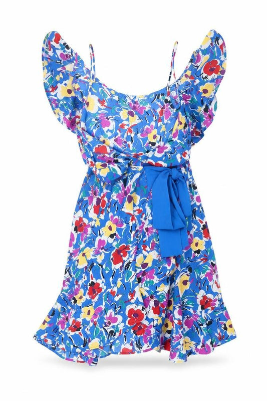 Topshop Womens Blue Floral Polyester Wrap Dress Size 4 V-Neck Button - Frill Cold Shoulder