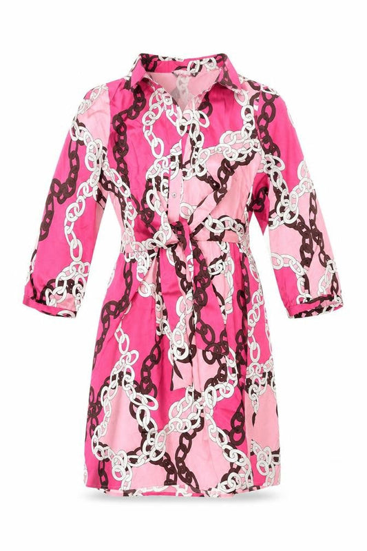 Dunnes Womens Pink Geometric Polyester Shirt Dress Size M Collared Button - Tie Detail Chain Print