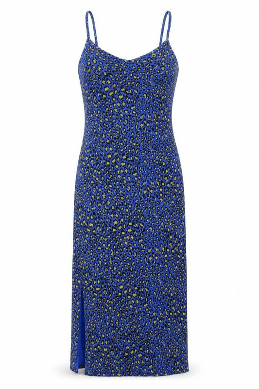 PRETTYLITTLETHING Womens Blue Animal Print Polyester Tank Dress Size 10 V-Neck Pullover - Side Slits Leopard Print