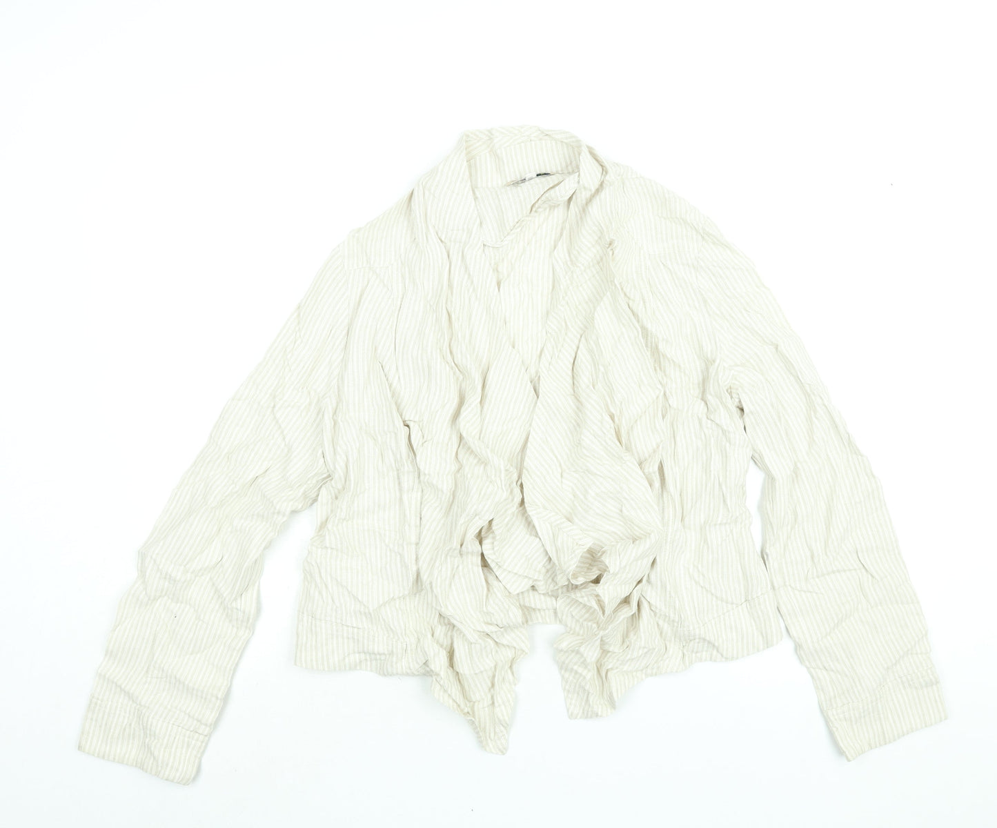 Marks and Spencer Womens Beige Striped Linen Kimono Blouse Size 14 V-Neck - Waterfall Front