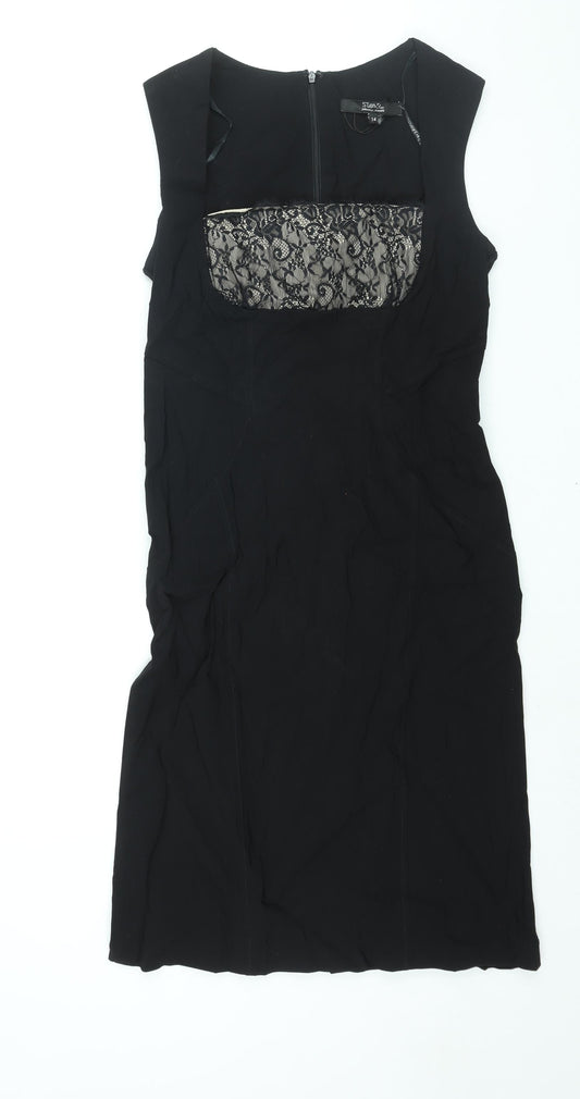 Julien Macdonald Womens Black Viscose Shift Size 14 Square Neck Zip - Lace Detail