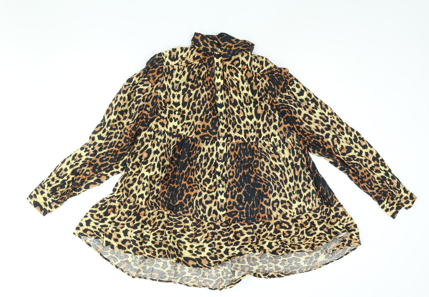 Topshop Womens Brown Animal Print Cotton Shirt Dress Size 6 Collared Button - Smocked Leopard Print