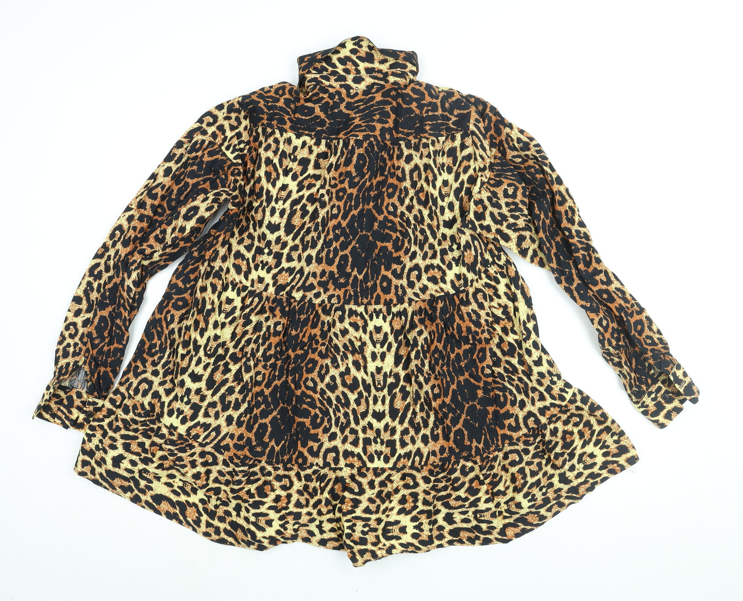 Topshop Womens Brown Animal Print Cotton Shirt Dress Size 6 Collared Button - Smocked Leopard Print
