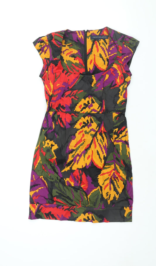 French Connection Womens Multicoloured Geometric Cotton Sheath Size 10 Scoop Neck Zip