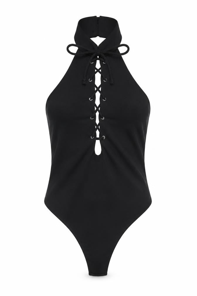 Missguided Womens Black Polyester Bodysuit One-Piece Size 8 Button - Lace Up