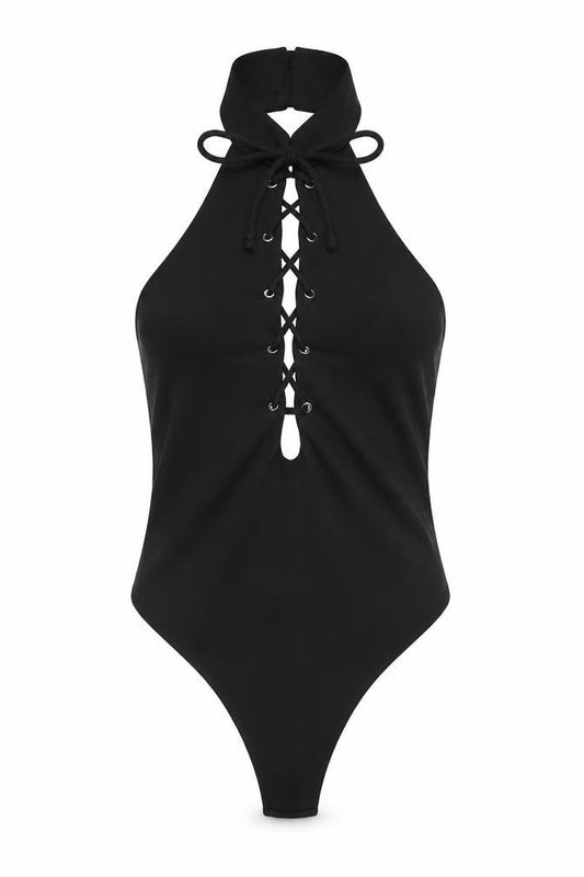 Front view of Missguided women’s black polyester bodysuit one-piece, size UK 8, button - lace up