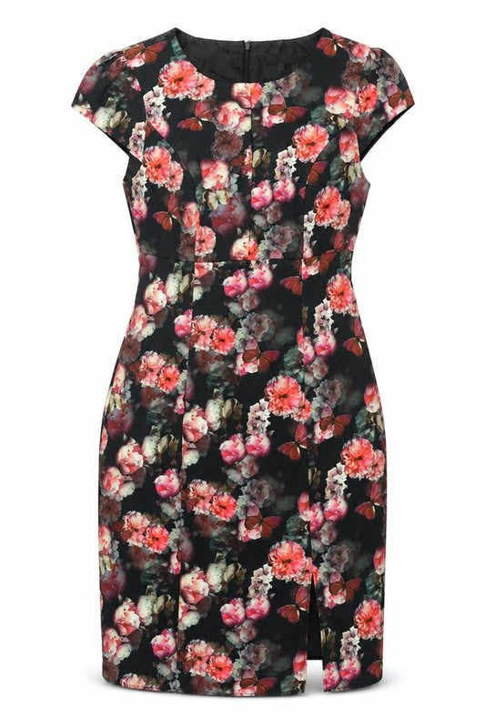 Front view of Red Herring women’s multicoloured floral polyester shift, size UK 14, roll neck zip - keyhole neck