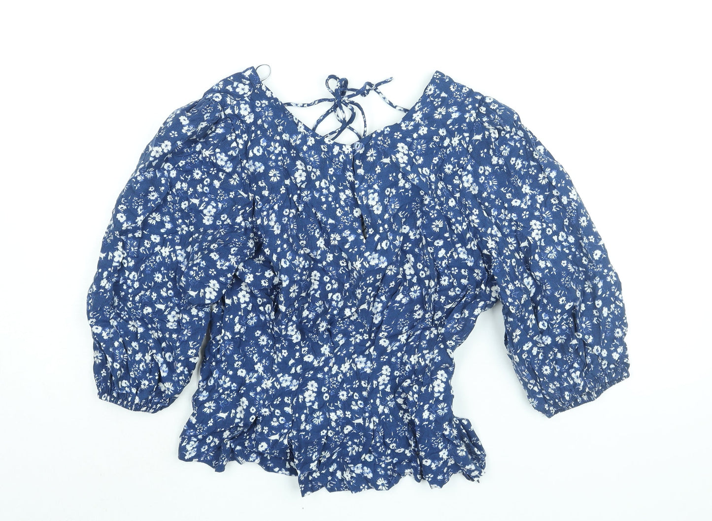 NEXT Womens Blue Floral Viscose Basic Blouse Size 12 Boat Neck - Peplum Tie