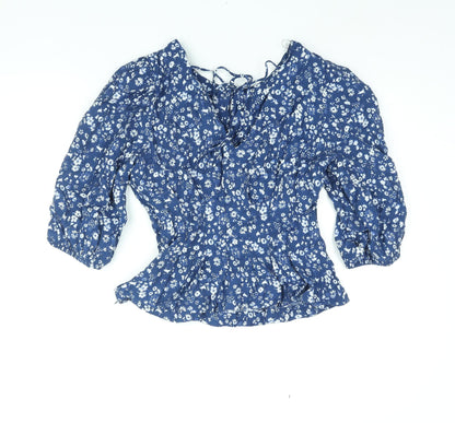 Next Womens Blue Floral Viscose Basic Blouse Size 12 Boat Neck - Peplum Tie