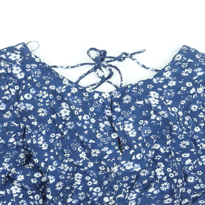 Next Womens Blue Floral Viscose Basic Blouse Size 12 Boat Neck - Peplum Tie