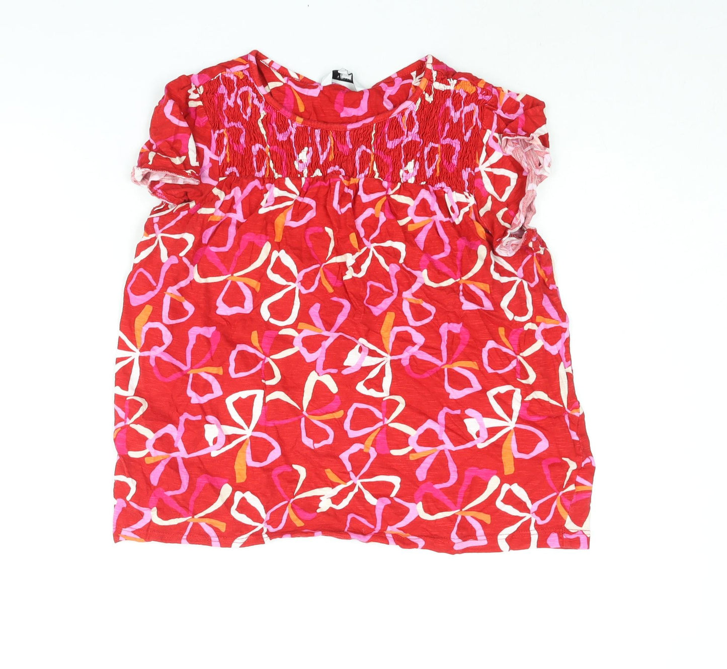 NEXT Womens Red Geometric Cotton Basic Blouse Size 12 Round Neck