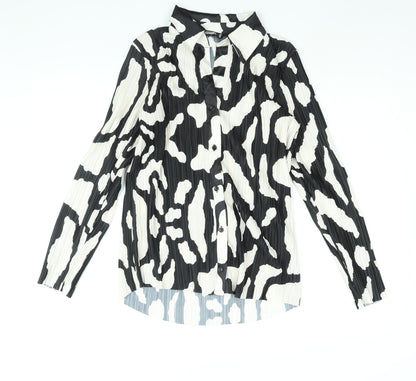 Additional front view of Missguided women’s black geometric polyester basic button-up, size UK 8, collared - plisse
