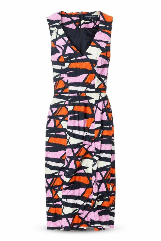 French Connection Womens Multicoloured Geometric Cotton Pencil Dress Size 6 V-Neck Zip