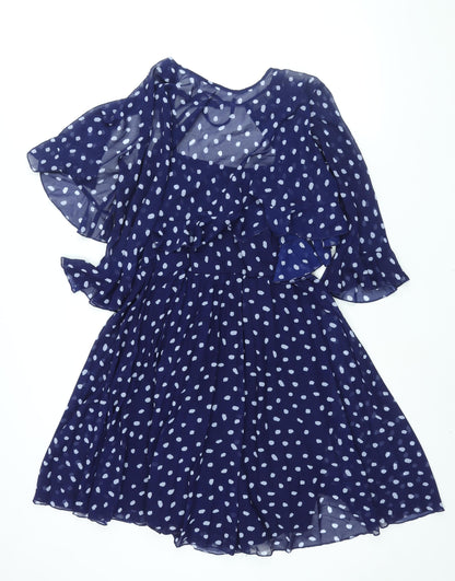 Additional front view of ASOS women’s blue polka dot polyester shift, size UK 10, round neck zip - layered frill