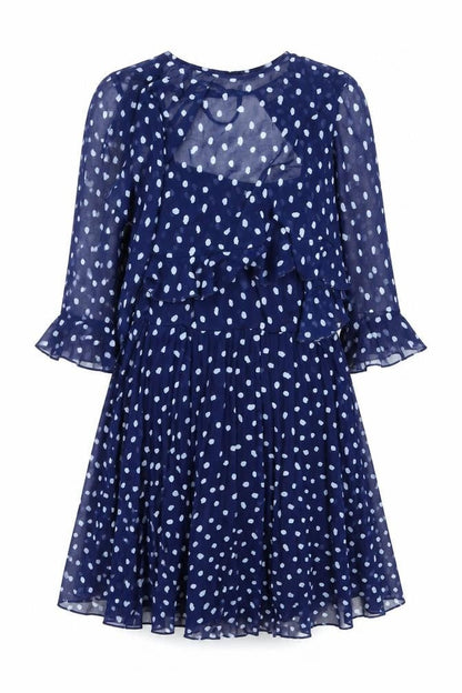 Front view of ASOS women’s blue polka dot polyester shift, size UK 10, round neck zip - layered frill