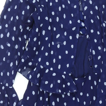 Brand and care label for ASOS women’s blue polka dot polyester shift, size UK 10, round neck zip - layered frill