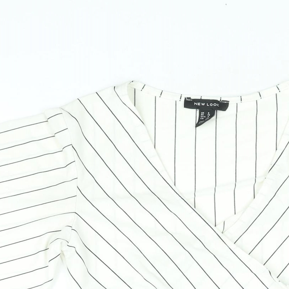 New Look Womens Ivory Striped Polyester Cropped Blouse Size 8 V-Neck