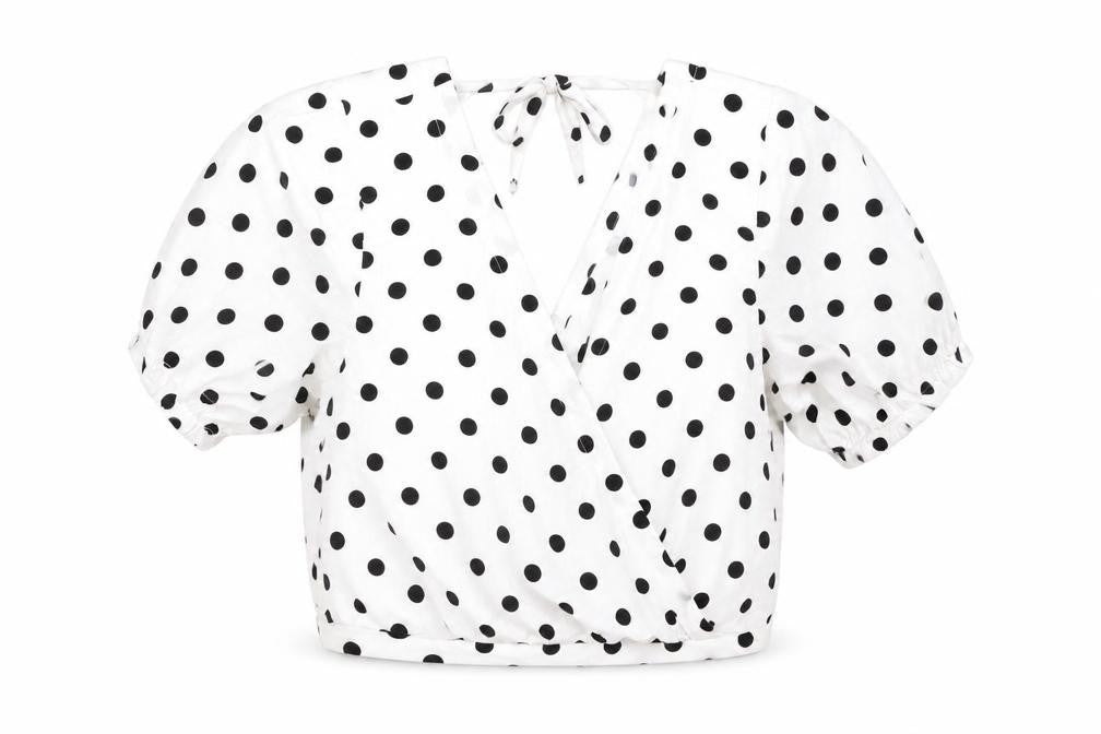 Divided by H&M Womens White Polka Dot Polyester Cropped Blouse Size 14 V-Neck