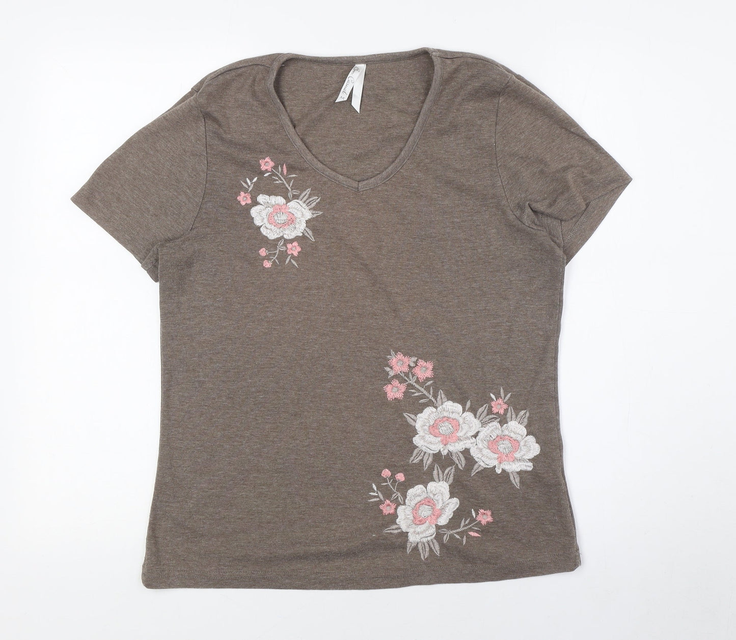 BM Womens Beige Polyester Basic T-Shirt Size M V-Neck - Floral Embroidery