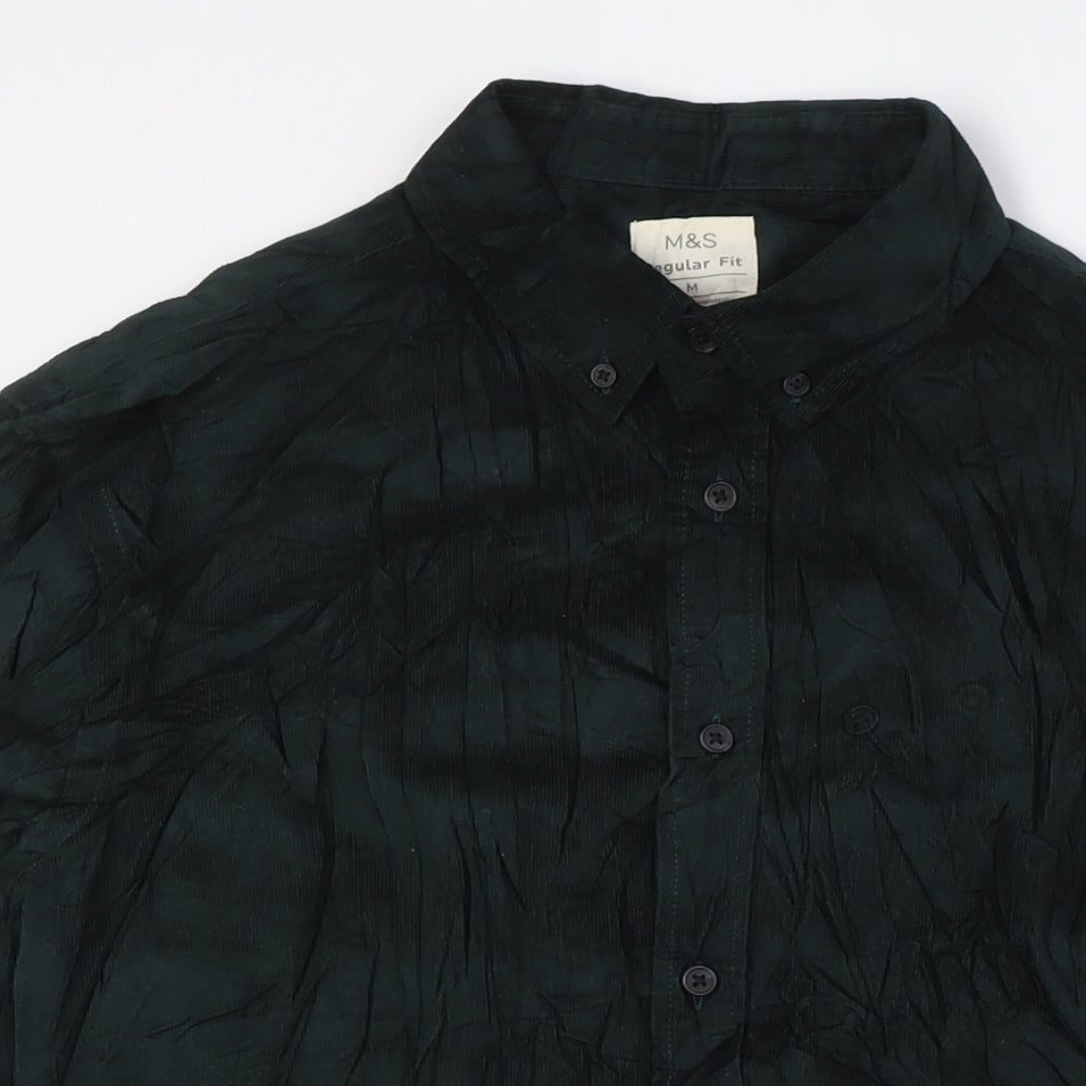 Marks and Spencer Mens Green Cotton Button-Up Size M Collared Button
