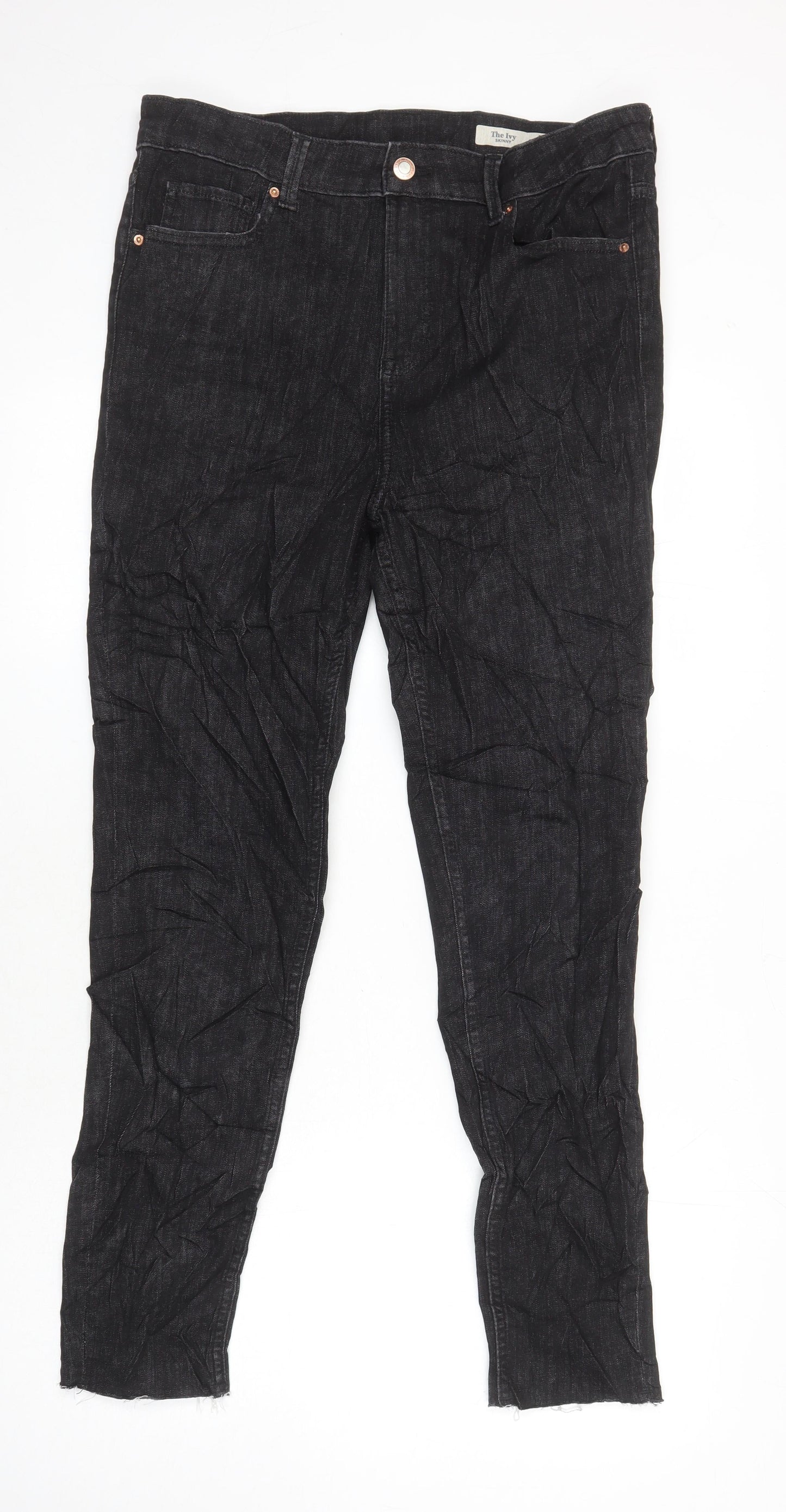 M&S Womens Black Cotton Skinny Jeans Size 14 L27 in Regular - Distressed Hems