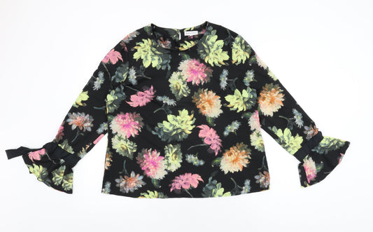 Warehouse Womens Black Floral Polyester Basic Blouse Size 16 Round Neck