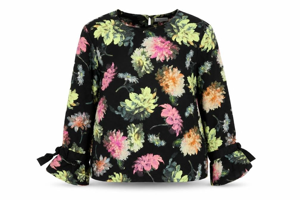 Warehouse Womens Black Floral Polyester Basic Blouse Size 16 Round Neck