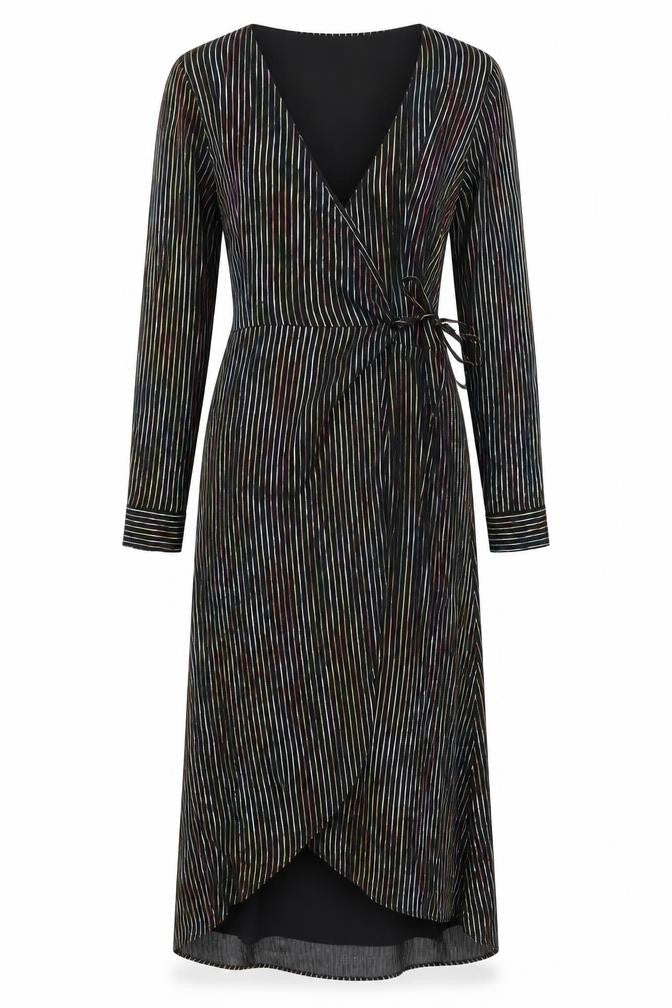 Warehouse Womens Black Striped Polyester Wrap Dress Size 12 V-Neck Tie