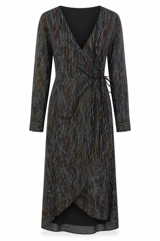 Warehouse Womens Black Striped Polyester Wrap Dress Size 12 V-Neck Tie