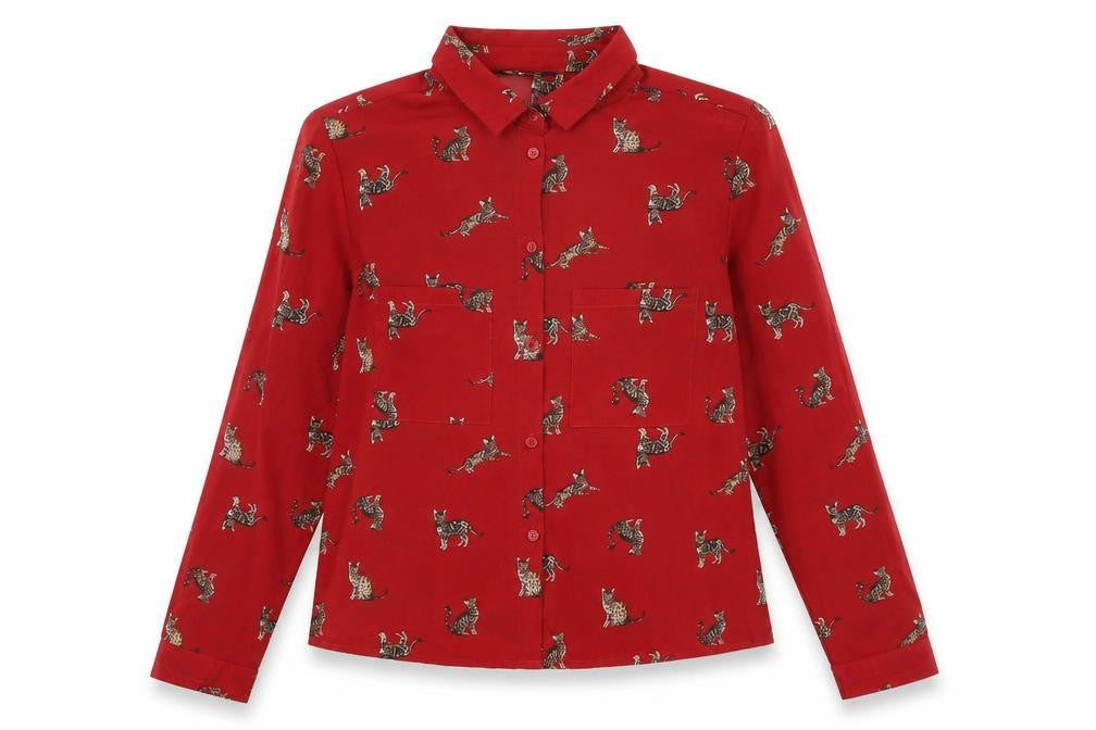 New Look Womens Red Geometric Polyester Basic Button-Up Size 10 Collared