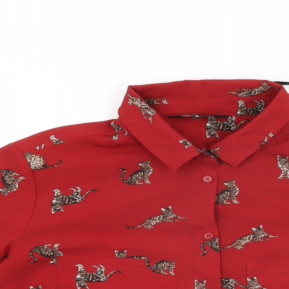 New Look Womens Red Geometric Polyester Basic Button-Up Size 10 Collared